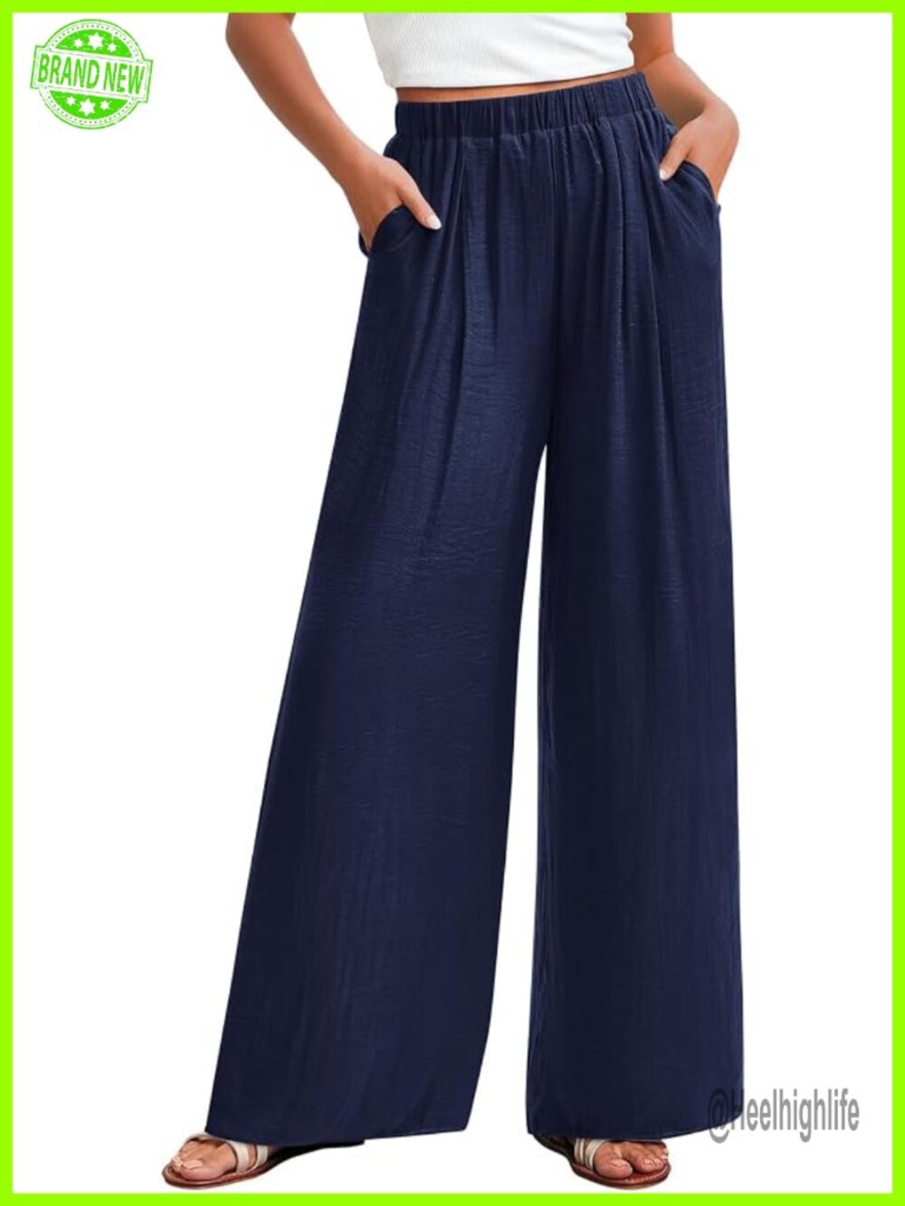 Wide Leg Palazzo Pants Elastic Waist Pockets Flowy Trousers